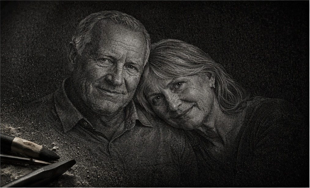 Detail van een portretgravure in natuursteen met nadruk op ogen en contrast.